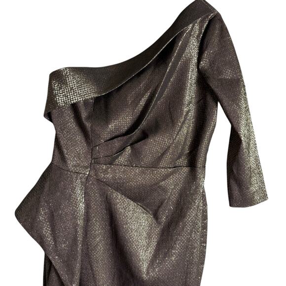 Rickie Freeman Teri Jon Bronze One Shoulder Jacquard Peplum Formal Gown 16 - Picture 6 of 13
